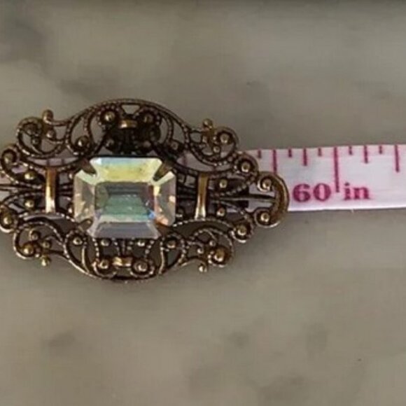 SADIE GREEN Signed Filigree Rectangle Crystal Brooch Pin Vintage - Picture 14 of 15